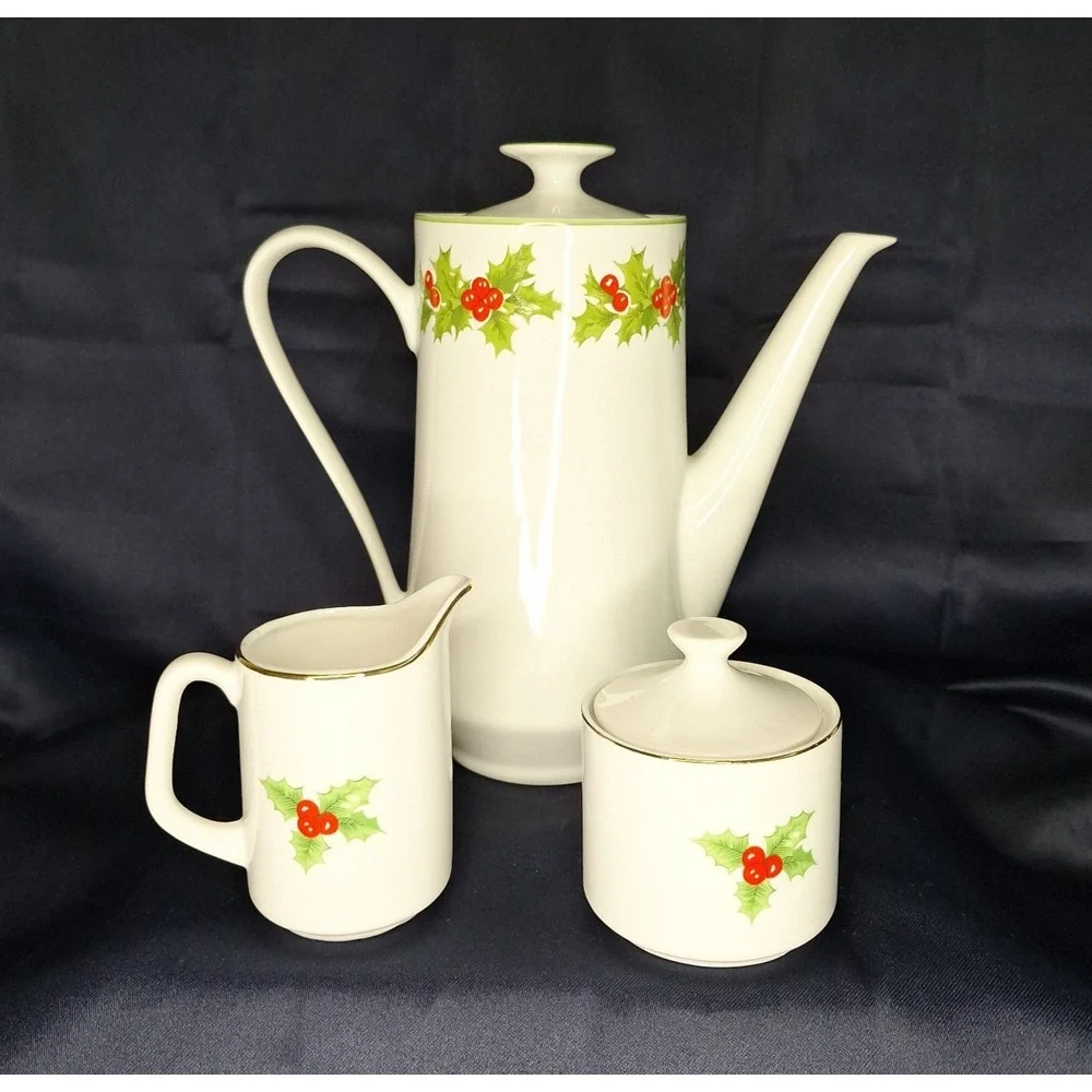 Schmidt Porcelain Coffee Tea Pot Christmas Holly Leaf Berry + other Cream Sugar